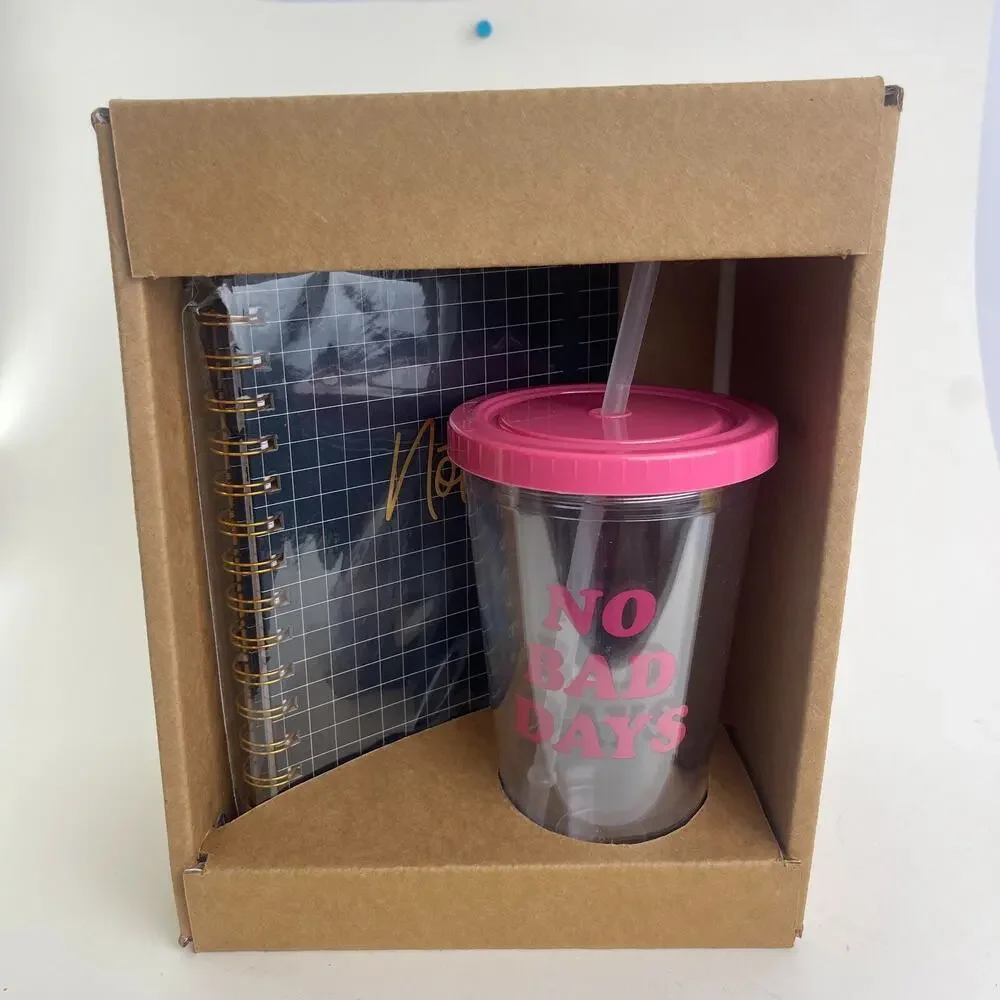 Black Premium Notebook 8x6” & Pink Tumbler Straw No‎ Bad Days 20 Oz Gift Set